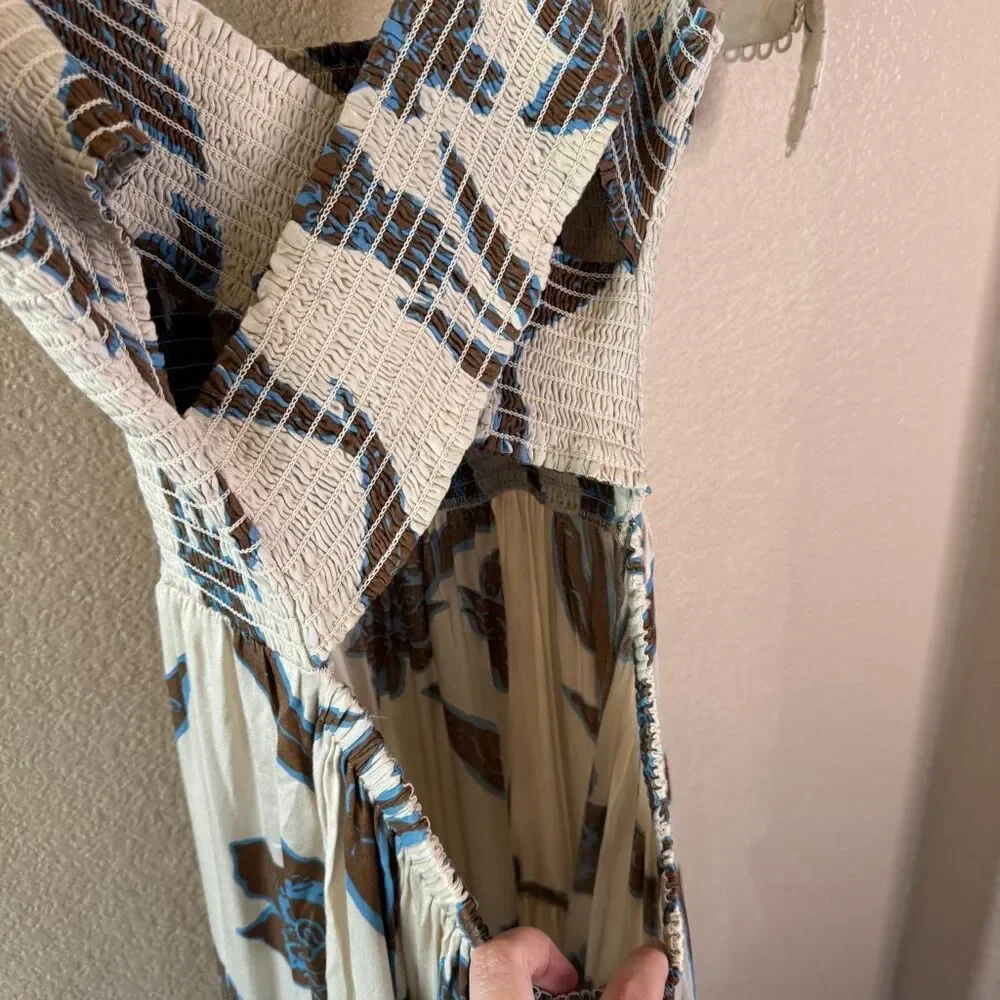 NEW Omika Lana Maxi Dress Women Large Ivory Brown Floral Print Smocked Crossback